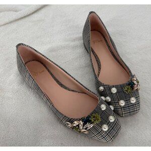 J.Crew Embellished Plaid Sally Poppy Ballet Flats With Pearl & Gem Accents